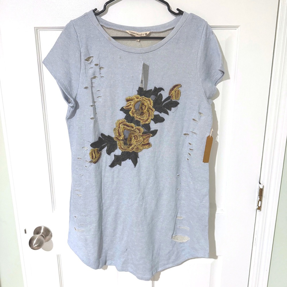 Hippie Laundry Blue Distressed Floral Embroidered Tunic Top AIK8005-002BT L